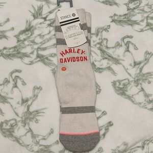 Harley-Davidson Light Gray Crew Socks with Red Logo and Pink Accent